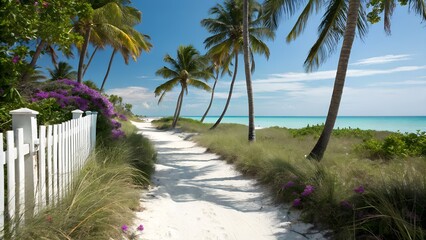 A sandy path leading to a turquoise ocean, framed by palm trees and beach grass under a bright summer sky.