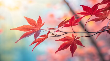 Vivid red leaves on a delicate branch, captured in soft sunlight with a dreamy blurred background.
