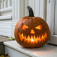 Illuminated Jack o' lantern on white steps near a white door Jackolantern