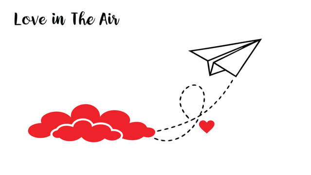 Paper airplane flying from red clouds with a dotted line path ending in a heart shape design element