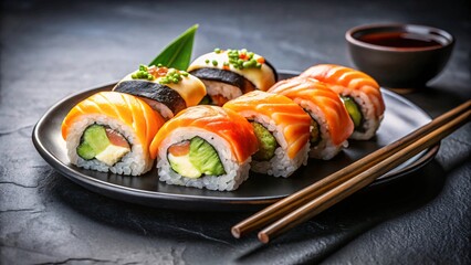Assortment of sushi rolls including salmon and avocado arranged on a black plate with chopsticks and soy sauce