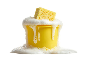 Yellow bucket overflowing with soapy bubbles and sponge.