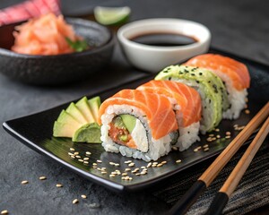Salmon avocado sushi rolls on black plate with sesame seeds and chopsticks