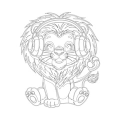 cute lion cartoon wearing headphone outline vector design