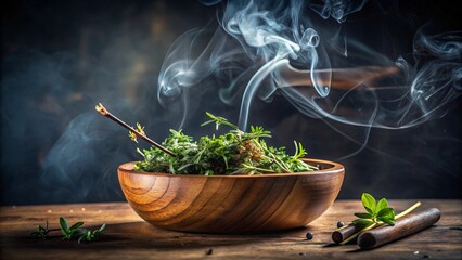 Aromatic Herbs Smoldering in Wooden Bowl with Incense Smoke Green Herbal