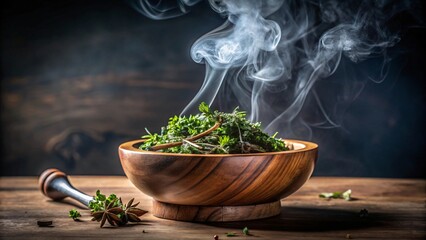 Steaming herbs in wooden bowl on rustic table Aromatic plants with smoke rising