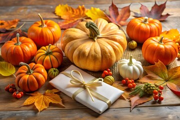 Autumn pumpkins and fall leaves on a wooden table