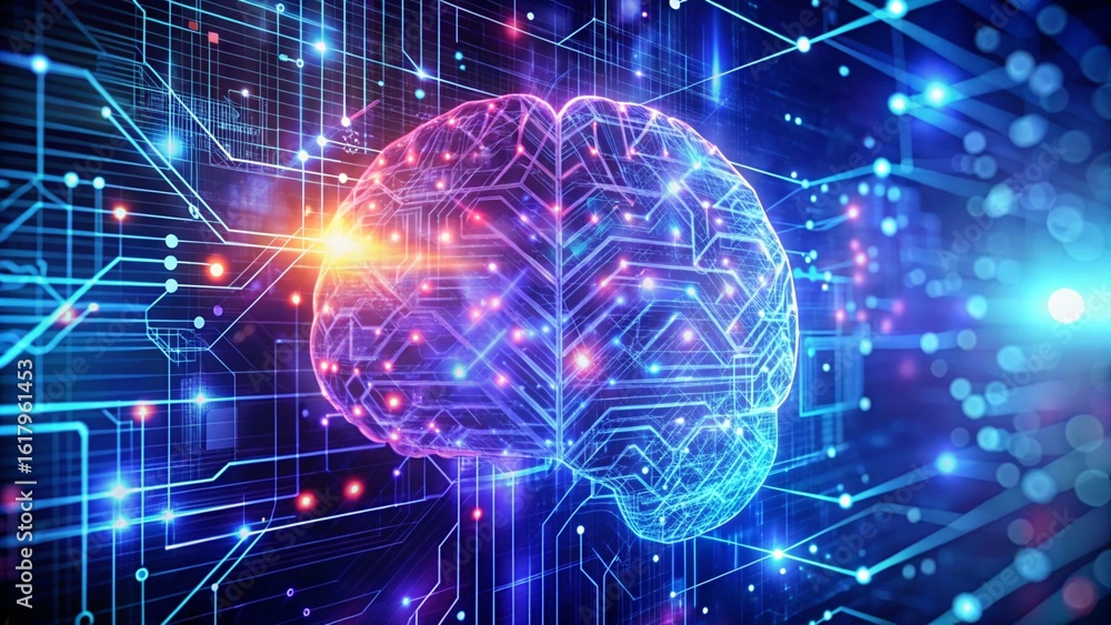 Aufkleber futuristic artificial intelligence interface with glowing neural network, digital brain visuals, blu