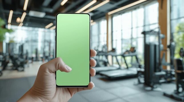 Close-up of hand holding modern smartphone with blank green screen in upscale gym background, blurred fitness center with workout machines, conveying tech-savvy and health-conscious lifestyle

