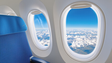 Fototapeta premium Scenic view from airplane window capturing beautiful landscape below during flight high above the ground