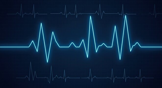 Digital electrocardiogram displays multiple heartbeats on a dark grid background