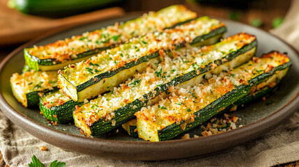 Zucchini halves baked with a cheese crust. The zucchini is cut lengthwise and sprinkled with breadcrumbs, cheese, and herbs.