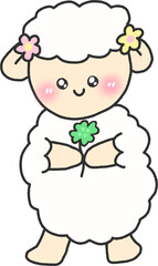Fluffy Cartoon Sheep Holding Clover – Happy Animal Character Illustration with Blush Cheeks