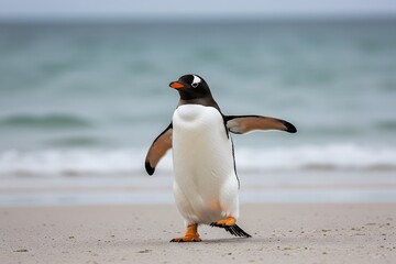 Naklejka premium orange feet. King Penguin Aptenodytes patagonicus Chicks in Creche in the rain.a Gentoo penguin standing on a sandy beach, wings outstretched and one leg raised. penguin has a black head, white belly,