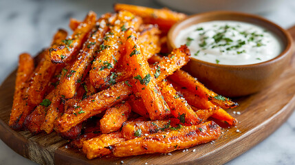 Fried potato sticks, seasoned with herbs and black pepper. They are placed on a wooden board and served with a sauce in a wooden bowl.