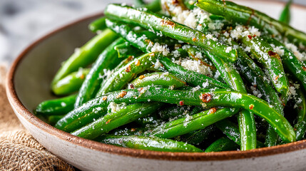 A plate of fresh green beans. The beans are sprinkled with minced garlic.