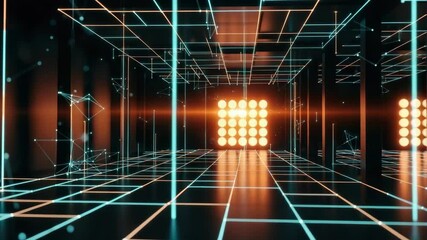 A futuristic digital corridor illuminated by bright lights showcasing a grid pattern on the floor and walls with abstract shapes and glowing elements creating a vibrant atmosphere - Powered by Adobe