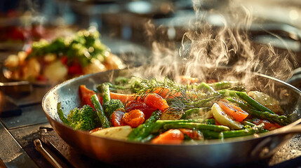 A pan full of steamed vegetables. Inside are broccoli, carrots, bell peppers, and tomatoes. The vegetables look fresh and vibrant, and there is steam coming from the pan.