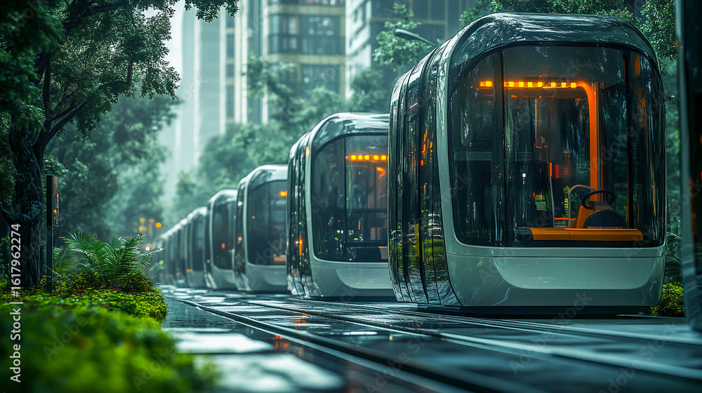 Poster a futuristic train with rounded shapes that moves along the tracks through a dense forest. tall tree