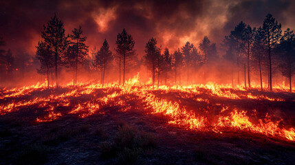 A forest fire. The trees are engulfed in flames, and smoke fills the air. The fire spreads across the ground, turning everything around it bright orange and red.