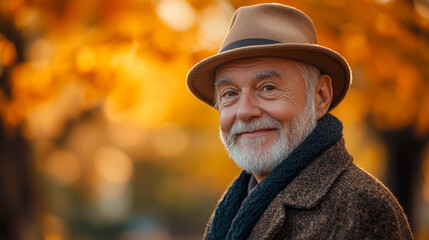 An elderly man with gray hair and a beard. He is wearing a brown hat. In the background, there is a blurred autumn foliage with yellowish hues.