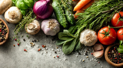 A set of various vegetables and herbs. Cabbage, garlic, broccoli, rosemary, and Brussels sprouts are arranged around a gray surface. There is a free space at the bottom.