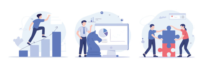 Strategic Business: A dynamic illustration showcasing business professionals engaging in strategic planning, progress, and collaboration, set against a modern, clean background