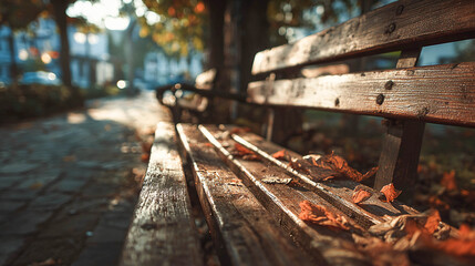 A wooden bench in a park. It is covered with fallen autumn leaves. In the background, there are trees and a glowing sun, creating a warm autumn atmosphere.