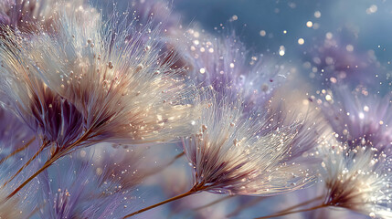 Fluffy seeds of plants, dandelions. They look very delicate and airy, with white and purple hues.