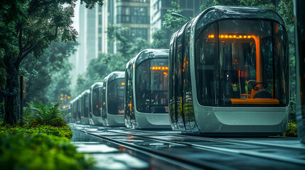 A futuristic train with rounded shapes that moves along the tracks through a dense forest. Tall trees surround it, creating an atmosphere of harmony with nature.