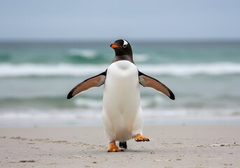 Naklejka premium orange feet. King Penguin Aptenodytes patagonicus Chicks in Creche in the rain.a Gentoo penguin standing on a sandy beach, wings outstretched and one leg raised. penguin has a black head, white belly,