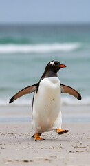 Fototapeta premium orange feet. King Penguin Aptenodytes patagonicus Chicks in Creche in the rain.a Gentoo penguin standing on a sandy beach, wings outstretched and one leg raised. penguin has a black head, white belly,