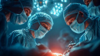 A group of surgeons is performing an operation in the operating room. They are all wearing protective masks, gowns, and caps.
