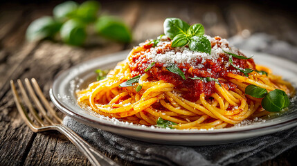 A plate of spaghetti drizzled with tomato sauce. The dish is topped with fresh basil leaves and grated Parmesan cheese.