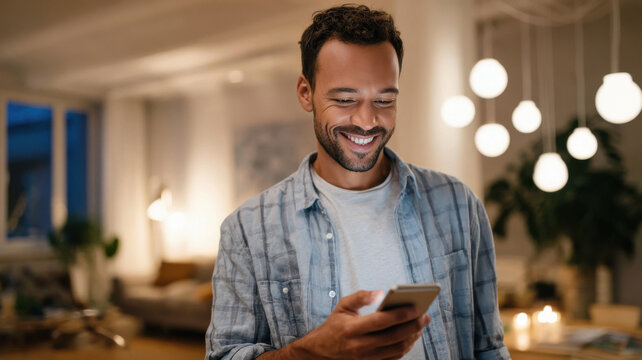 young handsome man using smartphone standing at home - Powered by Adobe