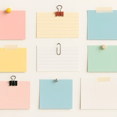 Collection of Colorful Blank Sticky Notes and Paper Clips on a Light Background - Perfect for Reminders, To-Do Lists, and Office Organization
