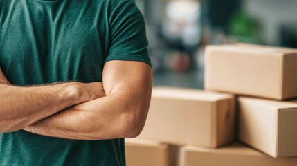 A man is standing with his arms crossed over his chest. Several cardboard boxes can be seen in the background. This is a warehouse or a logistics center.