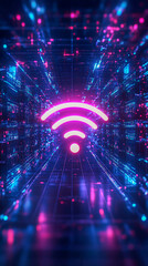 A digital tunnel with neon pink and blue lights. In the center of the image, a close-up of the Wi-Fi symbol is highlighted in pink.