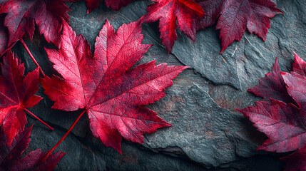 The autumn theme with red maple leaves on a dark background creates a striking image when there is enough space for copying