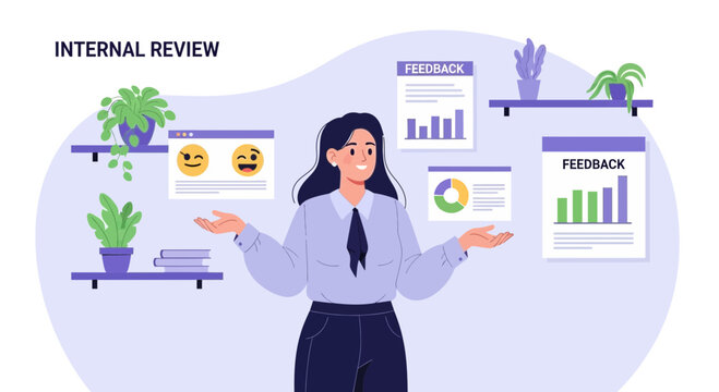 Woman Presenting Internal Review with Data Analysis and Feedback