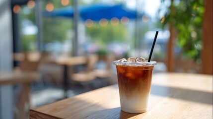 Iced latte with straw on a wooden table in a cafe with blurred background and natural light shining through