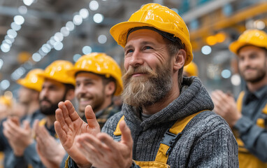 Smiling Workers in Hard Hats Celebrate Success Inside Industrial Facility Applauding with Joy and Looking Forward with Enthusiasm