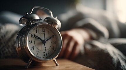 Close up of a silver alarm clock on a wooden surface next to a sleeping person in soft lighting