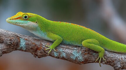 Fototapeta premium Bright green lizard on branch