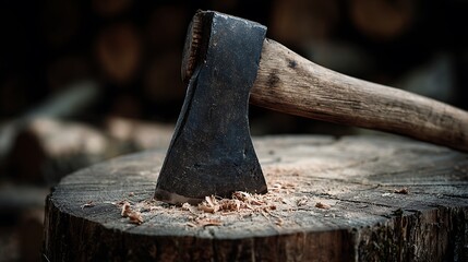 A close up of an axe stuck in a wooden stump with wood shavings and a blurred background of logs