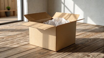 An open cardboard shipping box sits on a wooden floor, containing a smaller, empty cardboard container inside