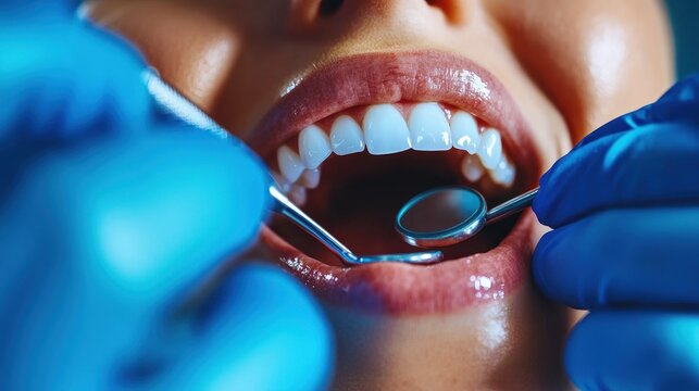 Close-up of patient's open mouth, blue gloved hands holding dental tools, focused on teeth