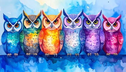 Row of colorful owls