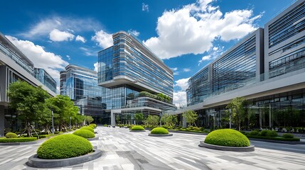 Modern office buildings with glass facade and green landscaping under a cloudy blue sky on a sunny day