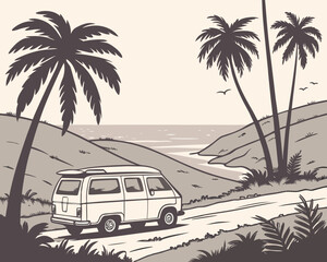 Vintage Camper Van Parked by a Tropical Beach with Palm Trees, Sunset Sky, and Relaxing Surfer in Retro Vector Style